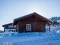 Alpine-style hotel in the ski resort Gornaya Salanga. Chalet in the snow