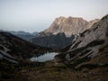 Alpine sunrise panorama of Zugspitze mountain massif and Seebensee lake in Ehrwald Tyrol Austria alps Germany Europe