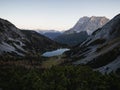 Alpine sunrise panorama of Zugspitze mountain massif and Seebensee lake in Ehrwald Tyrol Austria alps Germany Europe