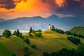 Alpine sunset landscape with Saint Primoz church, near Jamnik, Slovenia Royalty Free Stock Photo