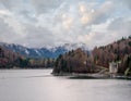 Alpine Sylvenstein Stausee lake on Isar river, Bavaria, Germany. Autumn overcast, foggy and drizzle day. Picturesque traveling,