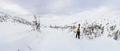 Alpine touring skier hiking in winter mountains.