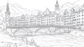 Old Town Bridge and Riverline Sketch. Royalty Free Stock Photo