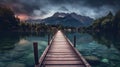 Alpine Tranquility: Jetty by the Foothills Lake Royalty Free Stock Photo