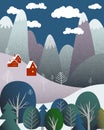 Alpine village with forest and mountains in the background. Handmade drawing illustration. Flat design poster. Card