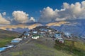 The alpine village of Khinalig at sunset against the backdrop of beautiful clouds