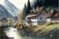 Alpine village near the river, cozy tourist town, watercolor. Generative AI