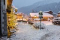 Alpine village under the snow. Macugnaga at dusk, Italy Royalty Free Stock Photo