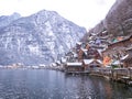 Alpine villages Hallstat in Austria winter season snow moutain colorful house Royalty Free Stock Photo