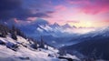 Alpine winter landscape during sunset or sunrise. beautiful soft light snow covered Mountains. Beautiful view of a mountain range Royalty Free Stock Photo