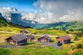 Alpine wooden farmhouses and mountain farmland, Grindelwald, Bernese Oberland, Switzerland