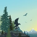 Alpinel landscape with trees, mountainse, rocks and eagl silhouettes. Royalty Free Stock Photo