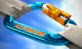 Alpinism on Blue Carabiner between White Ropes Royalty Free Stock Photo
