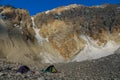 Alpinist campsite tents under rocky mountain wall Royalty Free Stock Photo