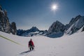 Alpinist or climber on glacier in mountain alpine landscape of Chamonix, France. Royalty Free Stock Photo