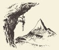 Alpinist mountain peak drawn vector sketch