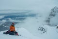 Alpinist rope team on the glacier at high altitude snow mountains