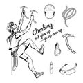 Alpinist slogan with girl, woman mountaineer, alpine climbing, alpinism, mountaineering, alpinist girl character, climb concept