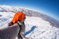 Alpinist taking selfie on snowcapped mountain, fisheye lens Royalty Free Stock Photo