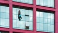 Alpinist washes local city building windows with blue sky