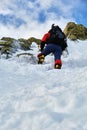 A Alpinist woman with ice tools axe climbing. Outdoor Sports Portrait Royalty Free Stock Photo