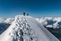 Alpinists on Aiguille de Bionnassay summit - extremely narrow snow ridge above clouds, Mont Blanc massif, France