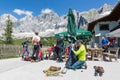 Alpinists preparing their equipment for rock-climbing in Austria