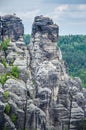 Alpinists on the top of relief camstone stones in Saxony national park, Bastai, Dresden, Germany Royalty Free Stock Photo