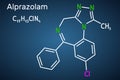 Alprazolam, molecule. It is benzodiazepine, short-acting tranquilizer with anxiolytic, sedative-hypnotic, anticonvulsant