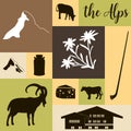 The Alps flat icons. Mountain Matterhorn, Alpine ibex, chalet, edelweiss flowers, alpenhorn, milk, squared Royalty Free Stock Photo