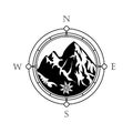 The Alps icon. Snow-capped mountains in a circle of Wind Roses with an Edelweiss flower. Compass with the orientation of the cardi