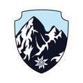 The Alps icon. Snow-capped mountains inscribed in the shape of a shield with an Edelweiss flower. The emblem of mountaineering.