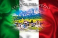 Alps landscape in Cortina D` Ampezzo on Italian flag illustration, idyllic mountain peaks of Dolomites Royalty Free Stock Photo