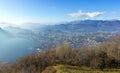 Alps and Lugano city from lookout point on Mount Bre