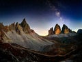 Alps Mountain landscape with night sky and Mliky way Tre Cime di Lavaredo Royalty Free Stock Photo