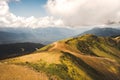 Alps mountain meadow tranquil summer view. Mountain valley village landscape summer. Mountain village view. Village in mountains. Royalty Free Stock Photo