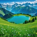 Alps mountain range with Mount Lake verdant alpine meadows in and are all visible in the