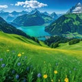 Alps mountain range with Mount Lake verdant alpine meadows in and are all visible in the