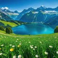 Alps mountain range with Mount Lake verdant alpine meadows in and are all visible in the