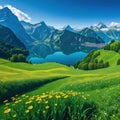 Alps mountain range with Mount Lake verdant alpine meadows in and are all visible in the