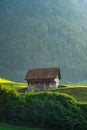 Alps old wooden house. Old House in the European Alps. Old Cabin in the forest. Dilapidated house in the European Alps