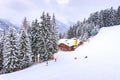 Alps, ski slope winter mountain landscape, house Royalty Free Stock Photo