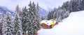 Alps, ski slope winter mountain landscape, house