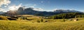 Alps sunrise green mountain panorama landscape, Alpe di Siusi Royalty Free Stock Photo