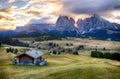 Alps sunrise green mountain panorama landscape, Alpe di Siusi