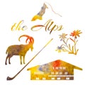 The Alps symbols. Set of watercolor objects. Matterhorn, chalet, edelweiss, alpenhorn.