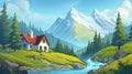 Alps village nature on sunny day panoramic fairy tale game illustration with house in forest near mountain river, summer Royalty Free Stock Photo