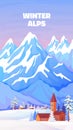 Alps winter poster. Vintage cartoon banner with high snowy peaks of Alps in Austria or Switzerland. Vector ski resort Royalty Free Stock Photo