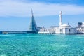 Alrahmah floating mosque with sea in foreground, Jeddah