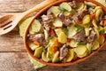 Alsace Baeckeoffe Casserole with meat, potatoes and vegetables, marinated with white wine close-up in a pot. Horizontal top view Royalty Free Stock Photo